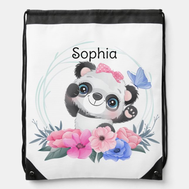 Cute Baby Panda Flower Wreath Custom Name          Drawstring Bag (Front)