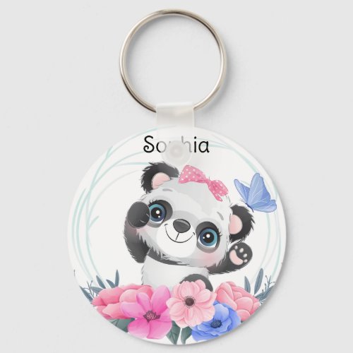 Cute Baby Panda Flower Wreath Custom Name     Keyc Keychain