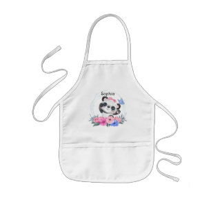 Cute Baby Panda Flower Wreath Custom Name Kids' Apron