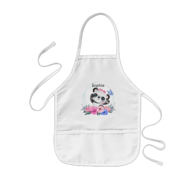 Cute Baby Panda Flower Wreath Custom Name        Kids' Apron (Front)