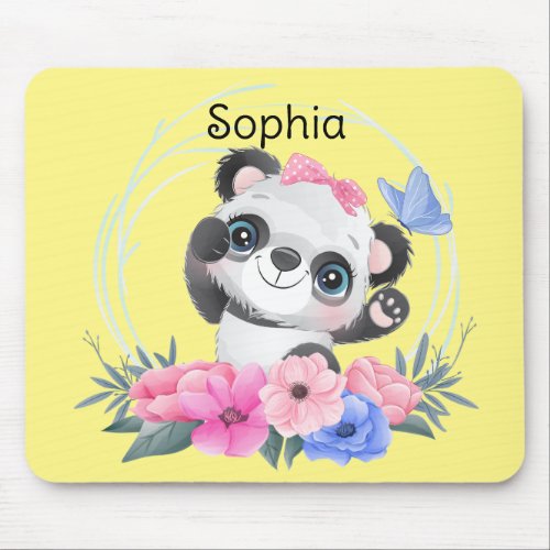 Cute Baby Panda Flower Wreath Custom Name        Mouse Pad