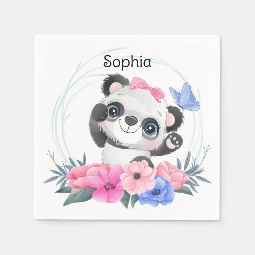 Cute Baby Panda Flower Wreath Custom Name        Napkins