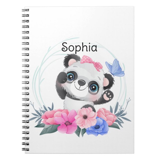 Cute Baby Panda Flower Wreath Custom Name         Notebook (Front)