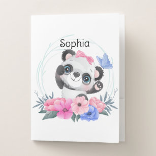 Cute Baby Panda Flower Wreath Custom Name       Pocket Folder