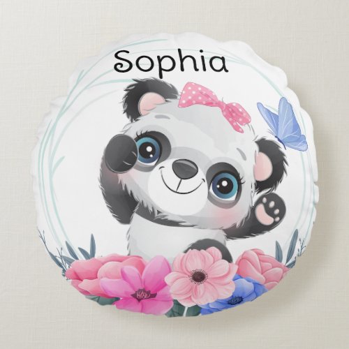 Cute Baby Panda Flower Wreath Custom Name        Round Pillow