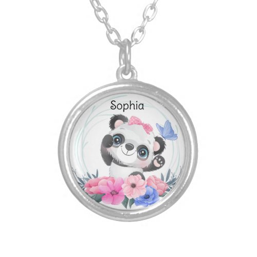 Cute Baby Panda Flower Wreath Custom Name      Silver Plated Necklace