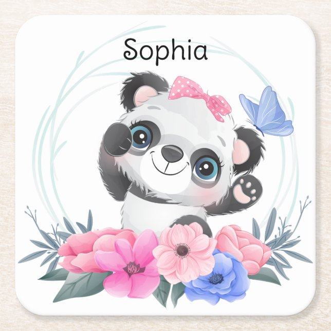Cute Baby Panda Flower Wreath Custom Name  Square Paper Coaster (Front)