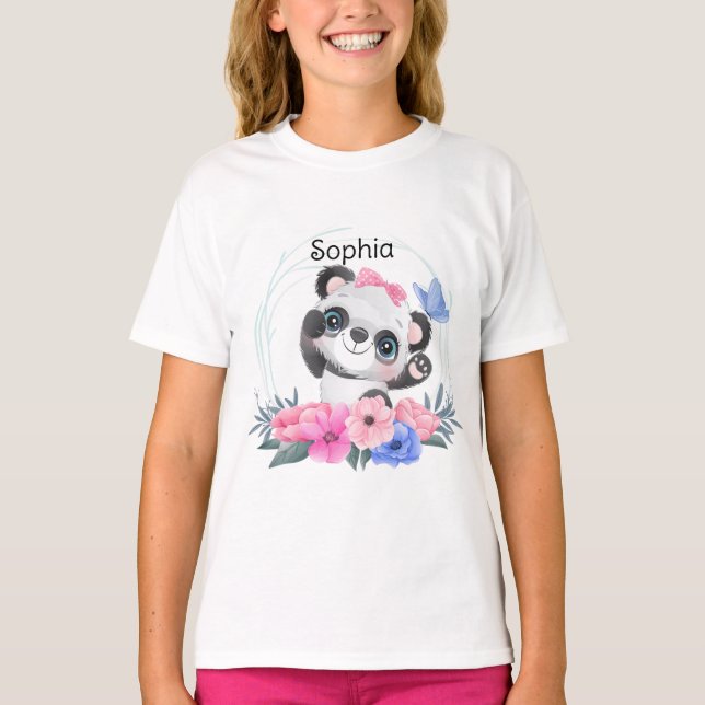 Cute Baby Panda Flower Wreath Custom Name         T-Shirt (Front)