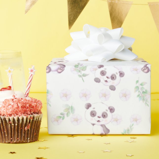 Cute Baby Panda Flowers Balloons Baby Shower Wrapping Paper (Birthday Party)