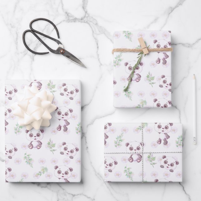 Cute Baby Panda Flowers Balloons Baby Shower Wrapping Paper Sheets (Front)