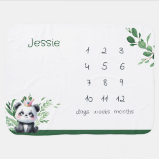 Cute Baby Panda Gender Neutral Milestone Greenery Blanket