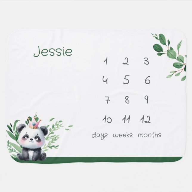 Cute Baby Panda Gender Neutral Milestone Greenery Blanket (Horizontal)