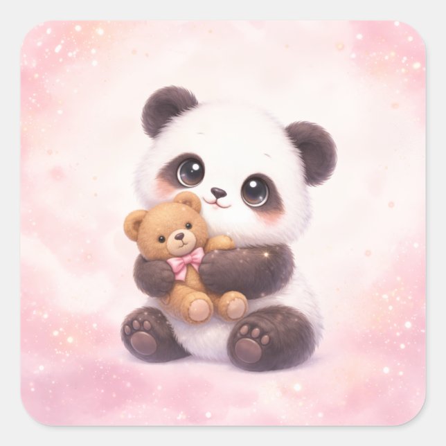 Cute Baby Panda Hugging Teddy Bear Square Sticker (Front)