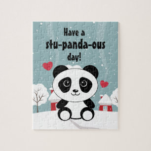 Cute Baby Panda In Winter Snow Gray Jigsaw Puzzle