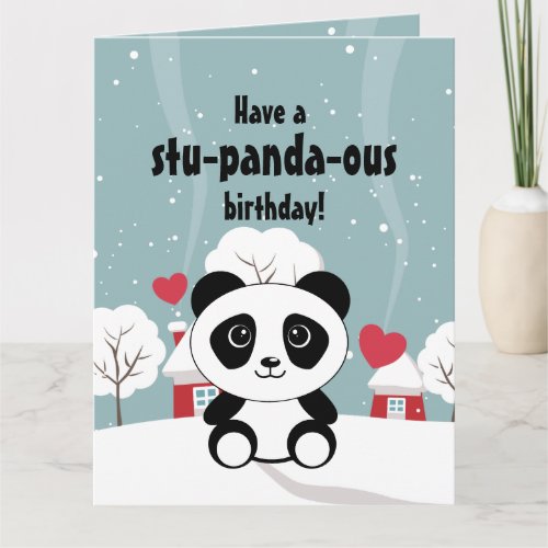 Cute Baby Panda In Winter Snow Grey Card
