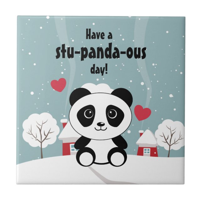 Cute Baby Panda In Winter Snow Grey Ceramic Tile (Front)