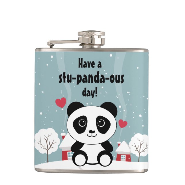 Cute Baby Panda In Winter Snow Grey Flask (Front)