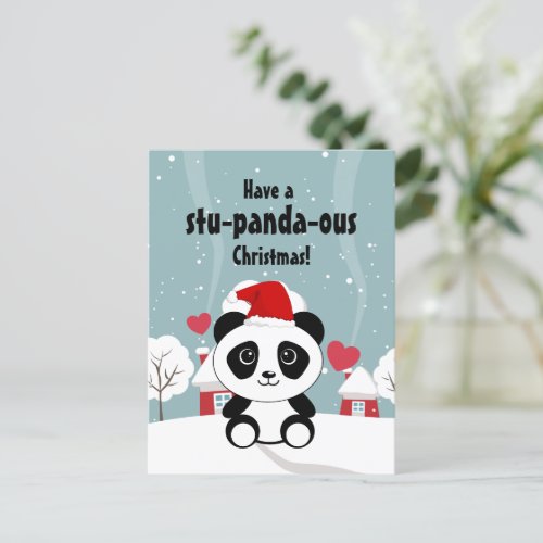 Cute Baby Panda In Winter Snow Grey Holiday Postcard