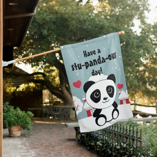 Cute Baby Panda In Winter Snow Grey House Flag