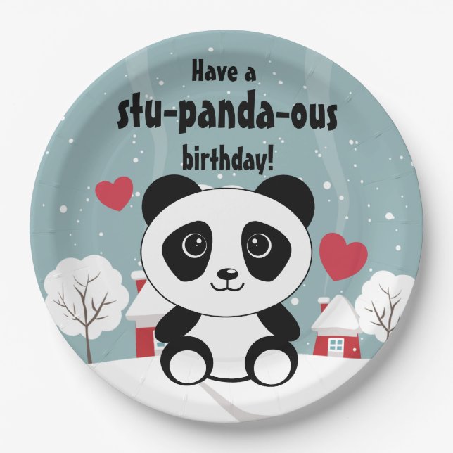 Cute Baby Panda In Winter Snow Grey Paper Plates (Front)
