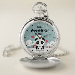 Cute Baby Panda In Winter Snow Grey Pocket Watch