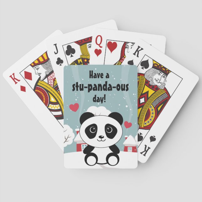Cute Baby Panda In Winter Snow Grey Poker Cards (Back)