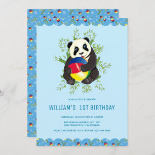 Cute Baby Panda Playing Ball 1st Birthday Party Invitation