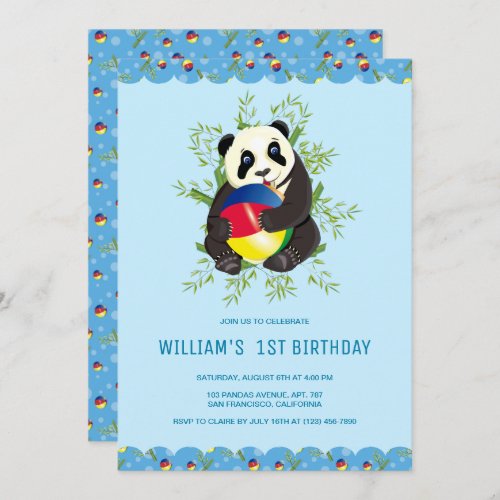 Cute Baby Panda Playing Ball 1st Birthday Party Invitation