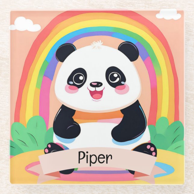 Cute Baby Panda Rainbow Glass Coaster (Front)