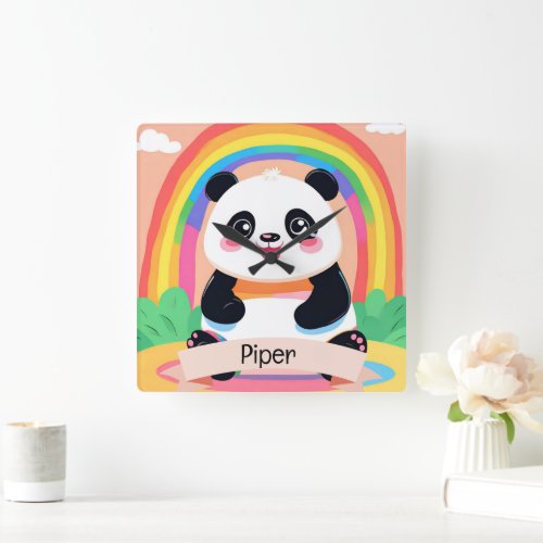 Cute Baby Panda Rainbow Square Wall Clock