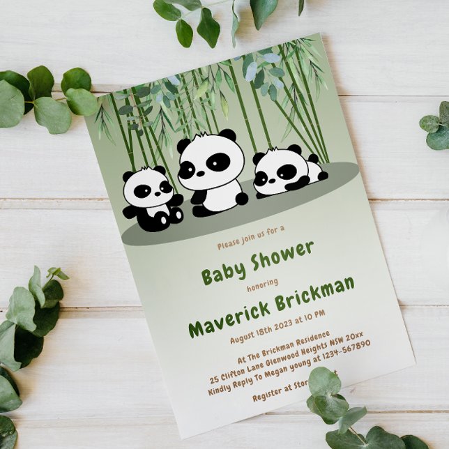 Cute Baby Panda Simple Bamboo Greenery Baby Shower Invitation (Creator Uploaded)