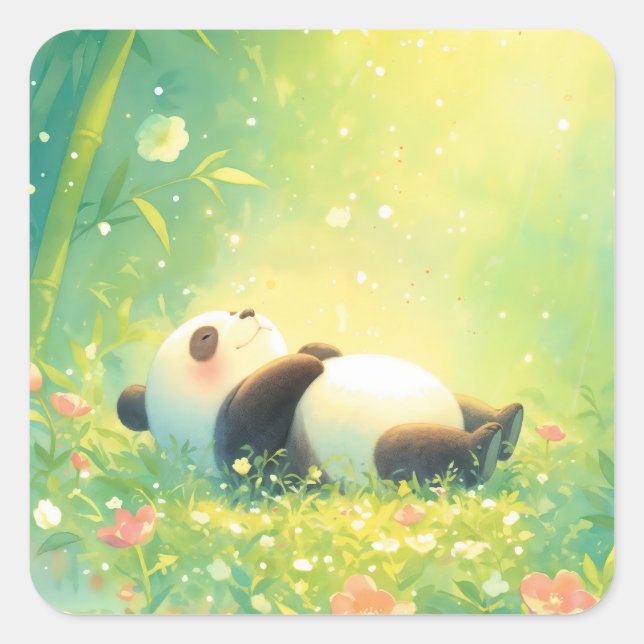 Cute Baby Panda Sleeping in Sunlit Bamboo Forest Square Sticker (Front)