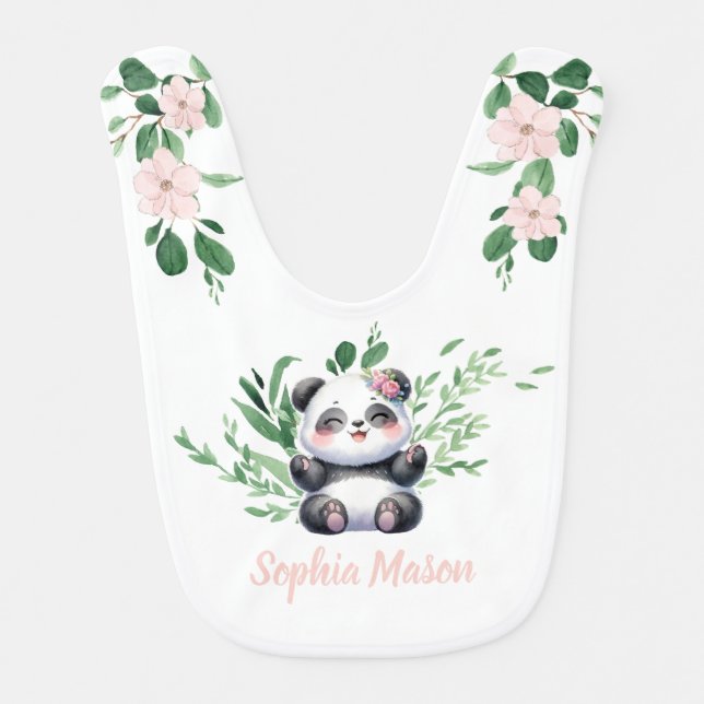 Cute Baby Panda Watercolor Greenery Bib (Front)