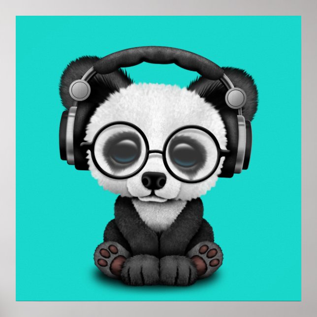 Cute Baby Panda Wearing Headphones Poster (Front)