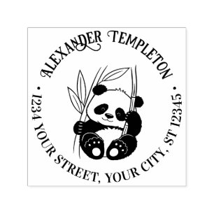 Cute Baby Panda with Bamboo Name Return Address Self-inking Stamp