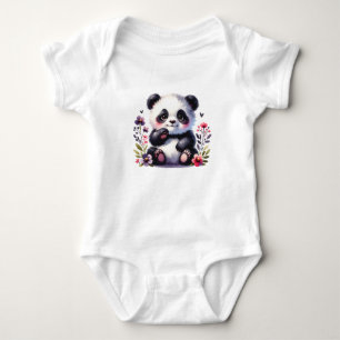 Cute Baby Panda with Flowers   Adorable Animal  Bodysuit