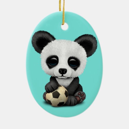 Cute Baby Panda With Football Soccer Ball Ceramic Ornament