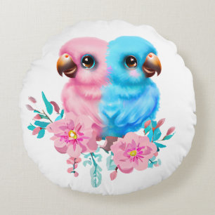 Cute Baby Parrot Twins Round Pillow