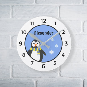 Cute baby penguin add name blue white kid's round clock