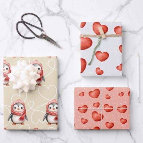 Cute Baby Penguin and Cute heart Pattern Wrapping Paper Sheets