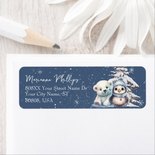 Cute Baby Penguin and Polar Bear Cub Blue Label