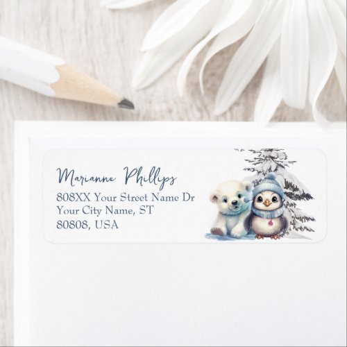 Cute Baby Penguin and Polar Bear Cub Winter Label