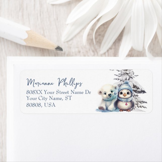 Cute Baby Penguin and Polar Bear Cub Winter Label (Insitu)