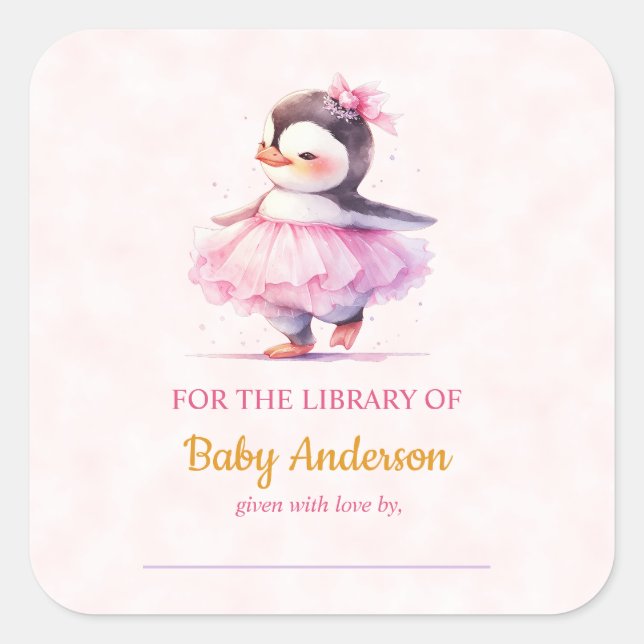 Cute Baby Penguin Ballerina Baby Shower Bookplate  (Front)