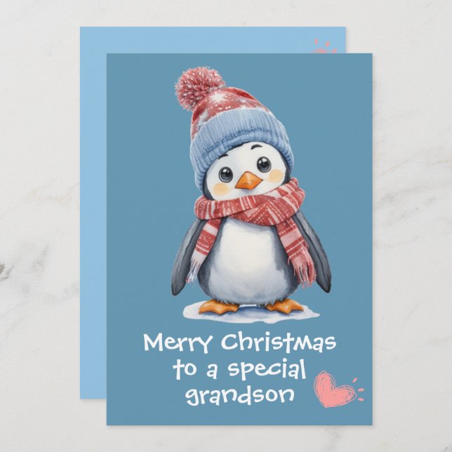 Cute Baby Penguin Blue Christmas for Kids Holiday  Card (Front/Back)