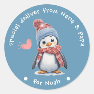 Cute Baby Penguin Blue Christmas for Kids Holiday Classic Round Sticker