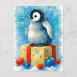 Cute Baby Penguin Christmas Watercolor Postcard