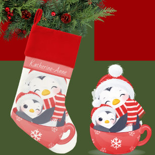 Cute Baby Penguin Hugging Mother in Teacup Christmas Stocking