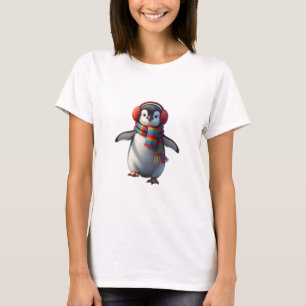 Cute Baby Penguin in Rainbow Scarf and Red Earmuff T-Shirt
