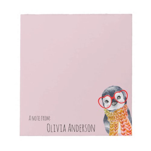 Cute Baby Penguin in Red Glasses Kids Girly Pink Notepad